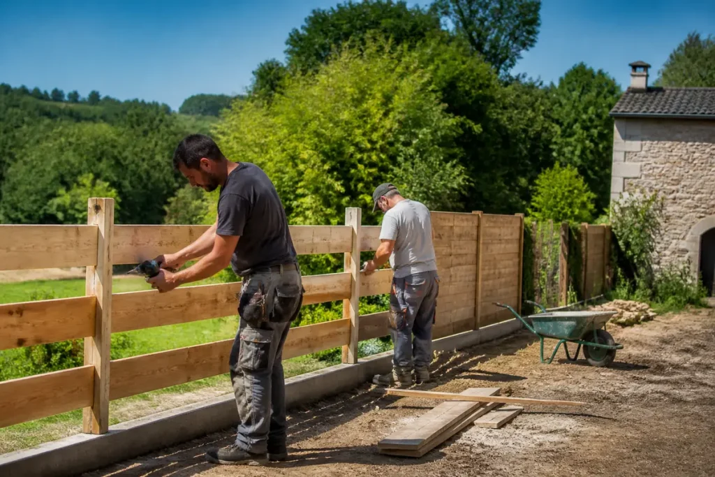 Travailleurs installant une clôture en bois dans un cadre d'aménagement extérieur en Aquitaine