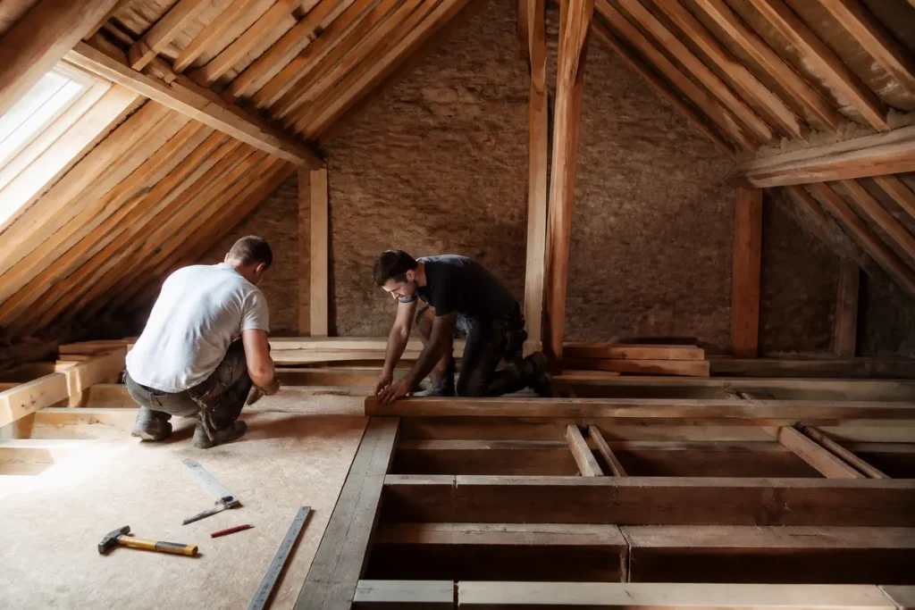 Travailleurs rénovant des combles en bois pour conversion sur Aquitaine Travaux Rénovation