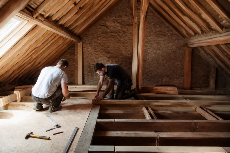 Travailleurs rénovant des combles en bois pour conversion sur Aquitaine Travaux Rénovation