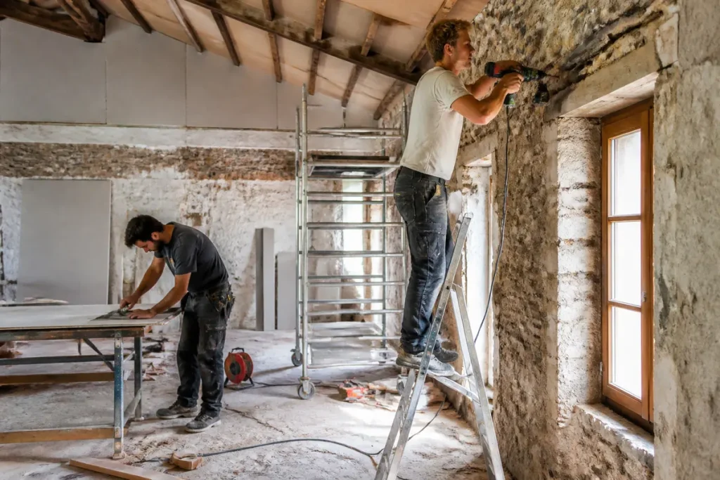 Deux ouvriers rénovent un intérieur en pierre pour une intervention en Aquitaine travaux rénovation