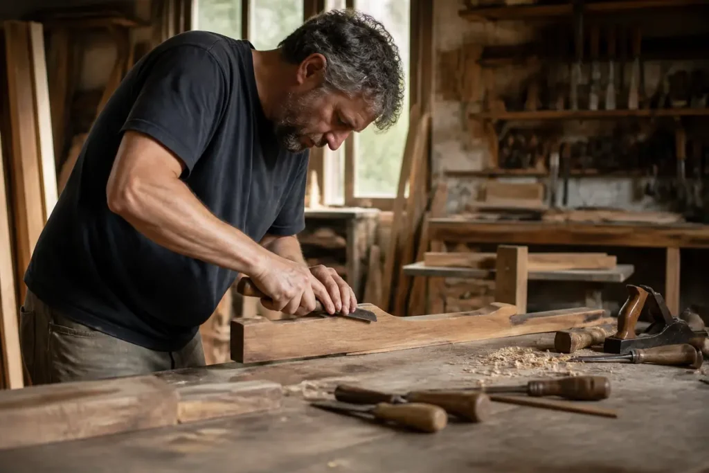 Artisan travaillant le bois dans un atelier de menuiserie pour Aquitaine Travaux Rénovation