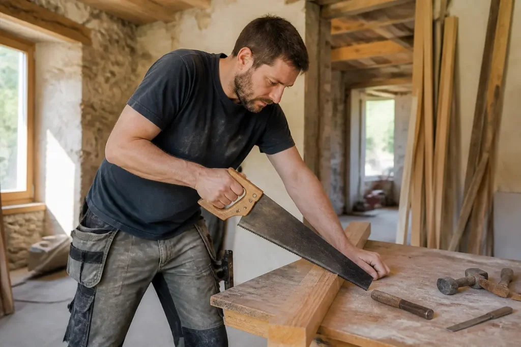 Menuisier travaillant le bois dans un atelier avec outils visibles pour Aquitaine Travaux Rénovation