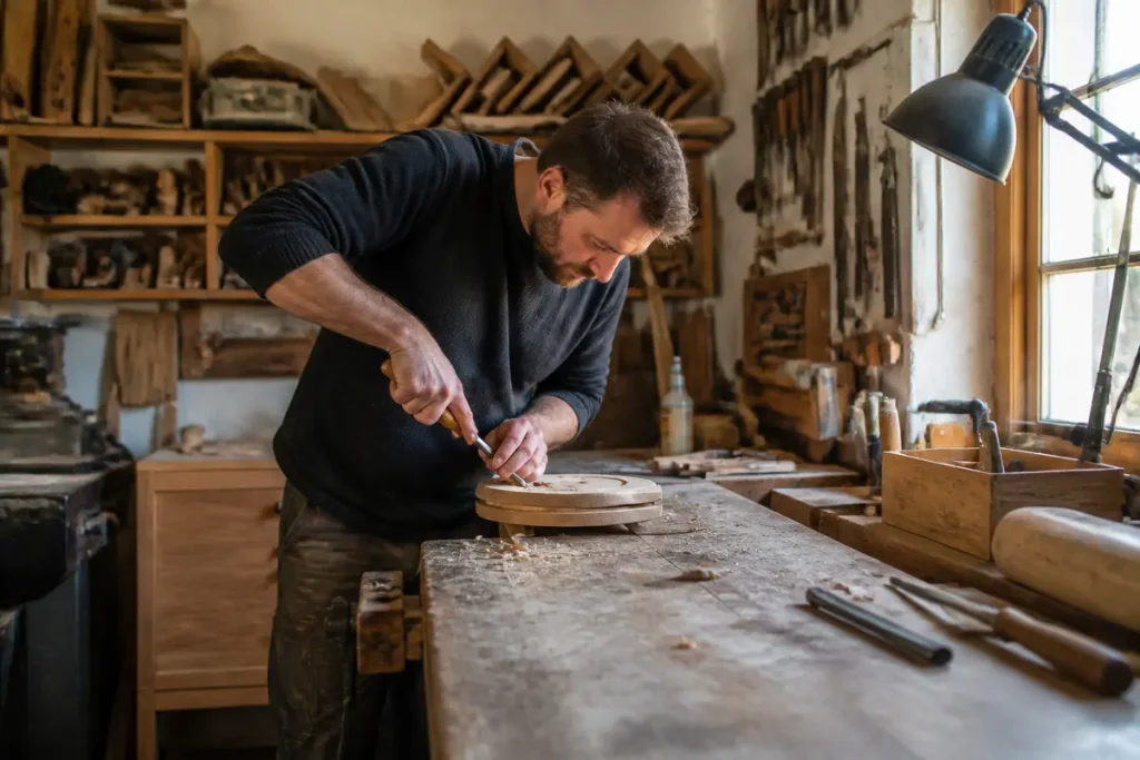 Artisan sculptant du bois dans un atelier de menuiserie sur bricoludik.fr