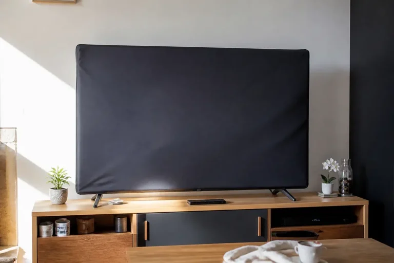 Téléviseur recouvert d'un cache TV noir sur meuble en bois avec décoration minimaliste