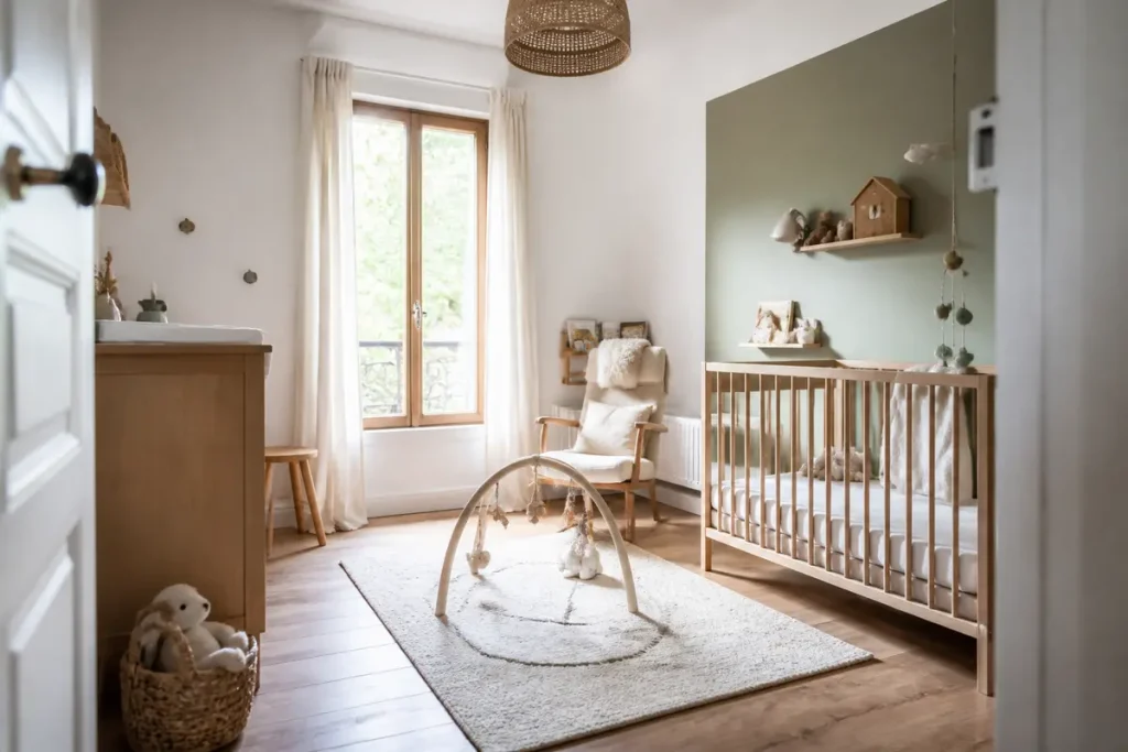 Chambre de bébé lumineuse avec berceau en bois et décoration inspirée, idéale pour inspiration.