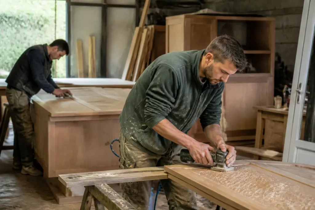 Artisans travaillant le bois dans un atelier de menuiserie pour chantier-facile.fr