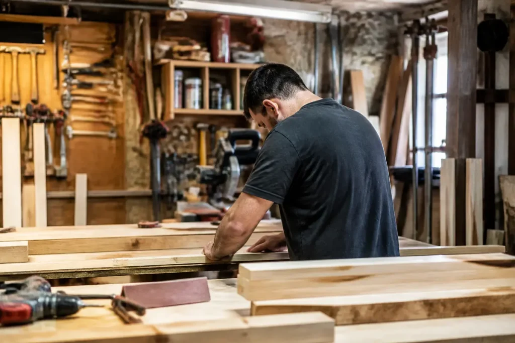 Menuisier travaillant dans son atelier avec des outils en arrière-plan sur chantierhero.fr