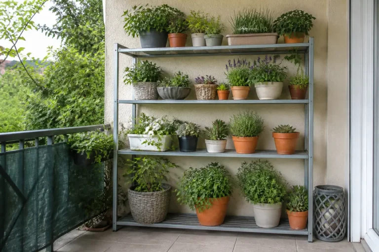 Étagère extérieure garnie de divers pots de plantes sur un balcon verdoyant