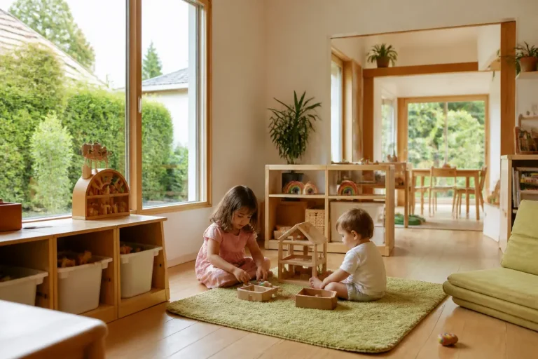 Enfants jouant dans un habitat pensé pour enfants, espace lumineux et aménagé en bois.