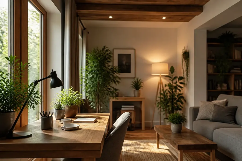 Salon chaleureux avec table en bois, plantes et lumière douce pour devis hygge à la maison