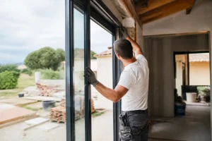 Artisan effectuant installation professionnelle de fenêtres pour Aquitaine Travaux Rénovation dans une maison