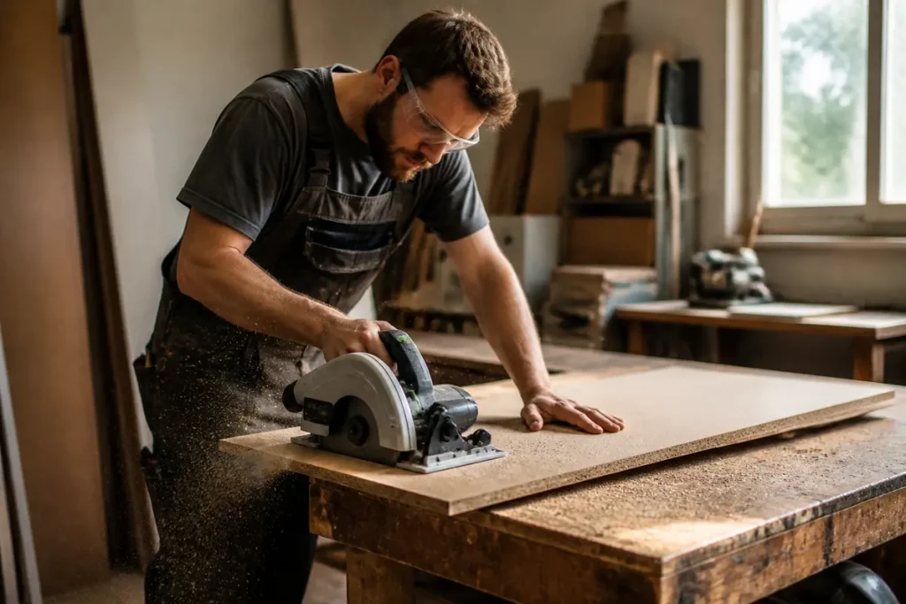 Artisan découpant du bois dans un atelier pour leprodestravaux.fr en menuiserie