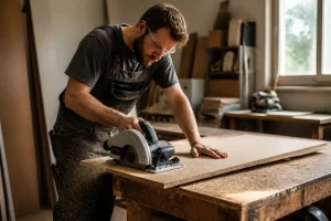 Artisan découpant du bois dans un atelier pour leprodestravaux.fr en menuiserie