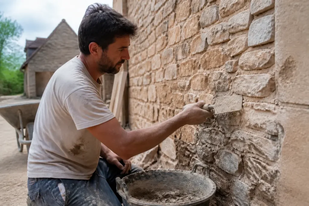 Homme répare un mur en pierre avec des outils, assistance de Le Pro des Travaux fiable