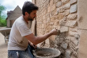 Homme répare un mur en pierre avec des outils, assistance de Le Pro des Travaux fiable