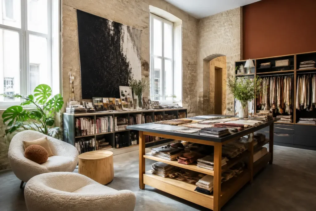 Salle d'exposition élégante de décoration intérieure à Bordeaux avec lestylechezsoi.fr proposant tissus et détails.