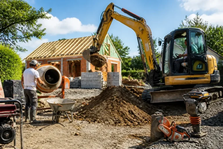 Chantier avec tractopelle et bétonnière pour location d'outils sur travauxsuccess.fr