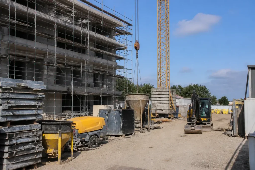 Chantier avec machines de construction, échafaudage, et équipement mon-cercle-btp.fr à prix compétitifs