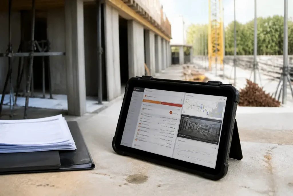 Tablette affichant outils de proxichantier.fr sur chantier avec dossiers papier à côté