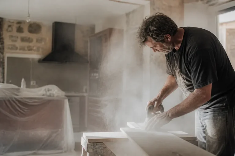 Artisan ponçant du bois, création de poussière pendant les travaux leprodestravaux.fr rénovation intérieure