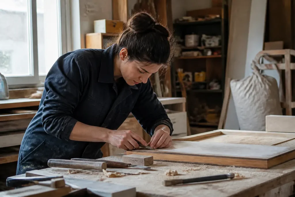 Artisan concentré travaillant le bois dans un atelier de menuiserie sur proxichantier.fr