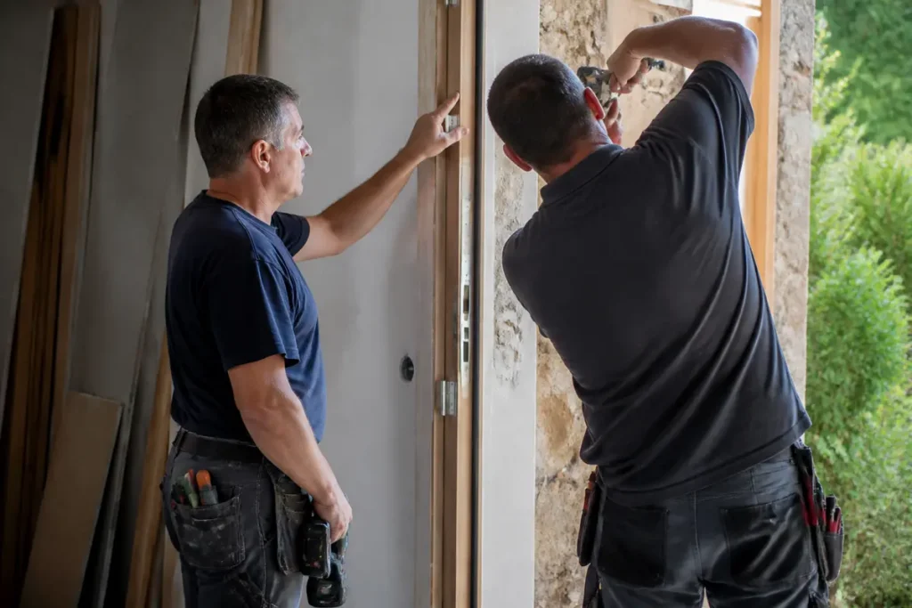 Deux ouvriers installent une porte en bois pour proxichantier.fr dans une maison rénovée