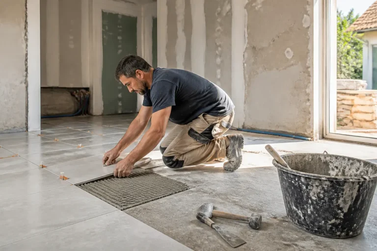 Homme posant du carrelage au sol pour la rénovation maison de jesuisenfinchezmoi.fr