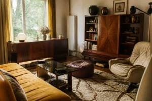 Salon vintage avec mobilier en bois et fauteuils, typique des années 70