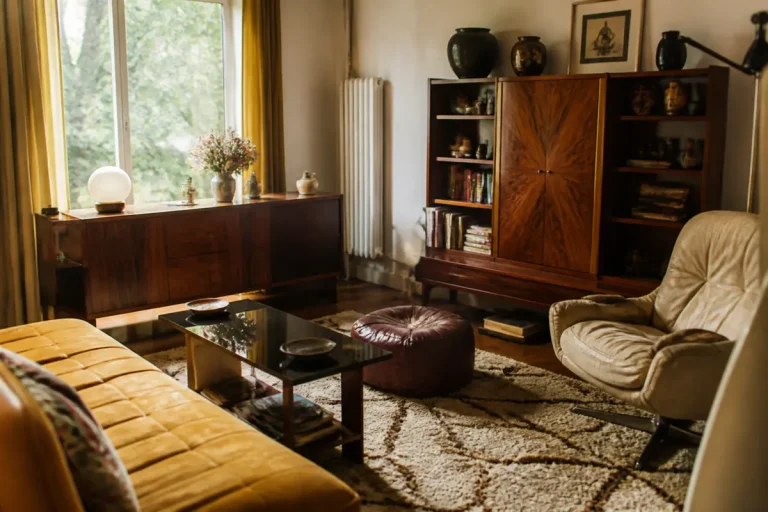 Salon vintage avec mobilier en bois et fauteuils, typique des années 70