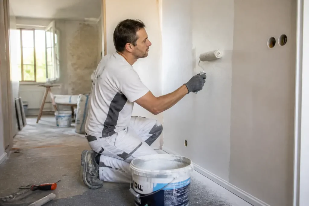 Un homme peint un mur dans des travaux de rénovation sur Bricolage et Travaux.