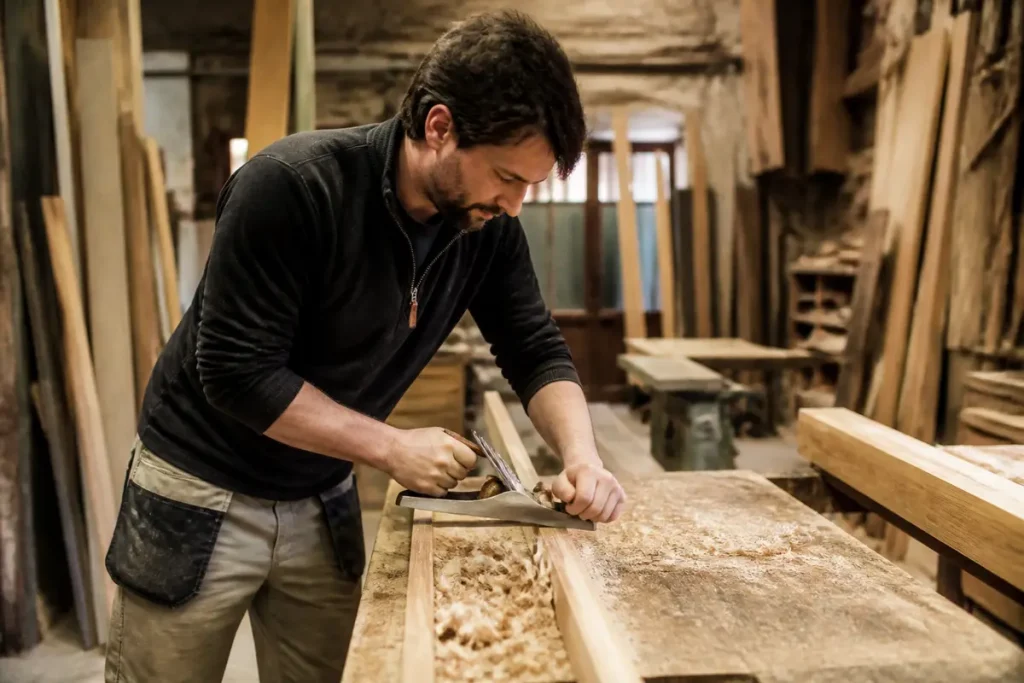 Menuisier travaillant le bois dans son atelier spécialisé travauxmatch.fr en menuiserie artisanale et traditionnelle