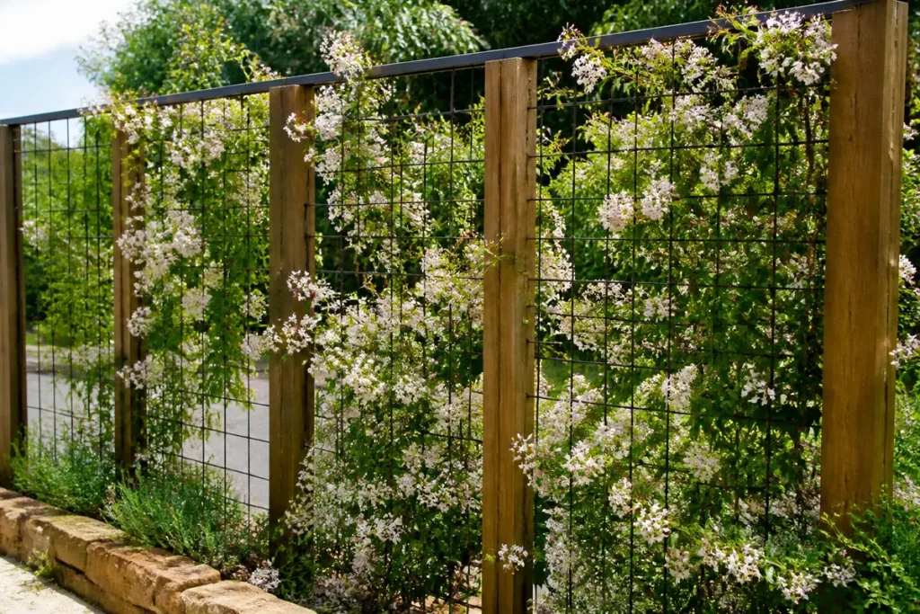 Treillis pour plante grimpante avec fleurs blanches, installé sur structure en bois.
