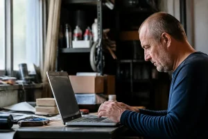 Un homme travaille sur ordinateur pour obtenir un devis sur welovetravaux.fr